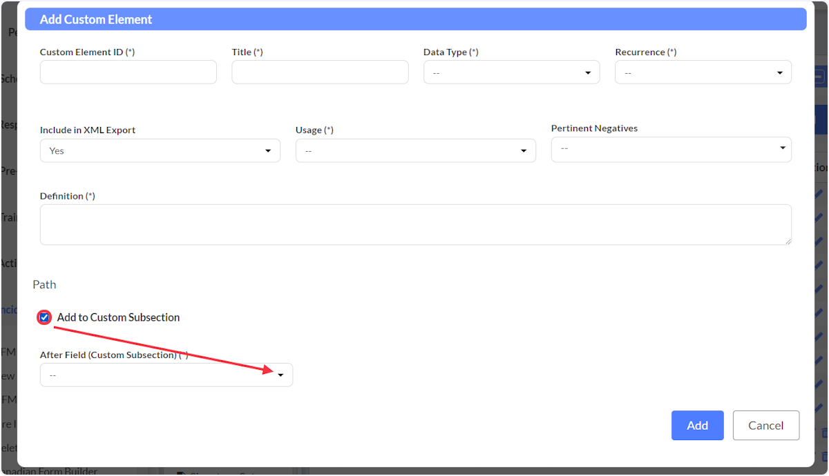 Select the checkbox to add the custom subsections and using the dropdown to select which custom section to apply the element to.