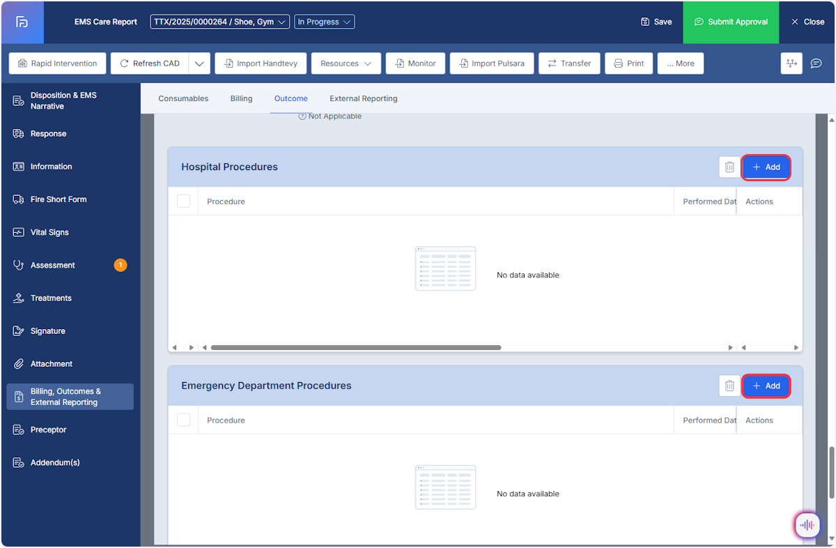 In the Outcome section, Hospital and Emergency Department Procedures can also be documented. Select Add to document new procedures.