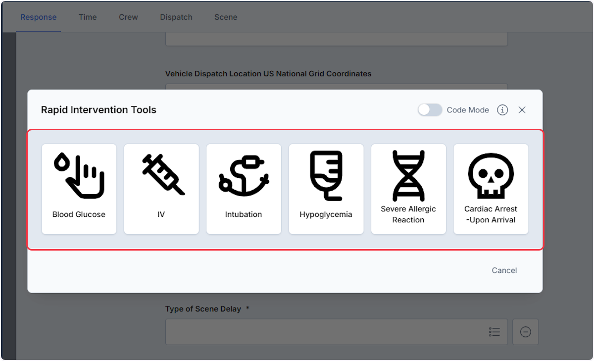 From the Rapid Intervention Tools modal select which tool to begin documenting.