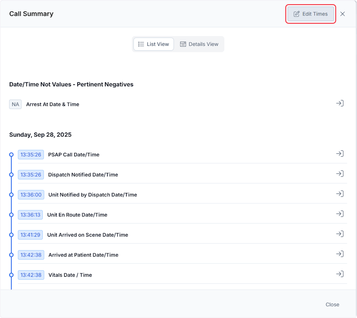 In either view you are able to adjust Date and Time fields by selecting on the Edit Times button.