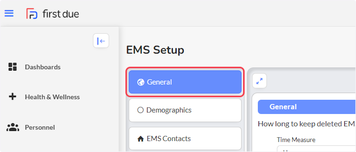From the EMS Setup select on the General section.