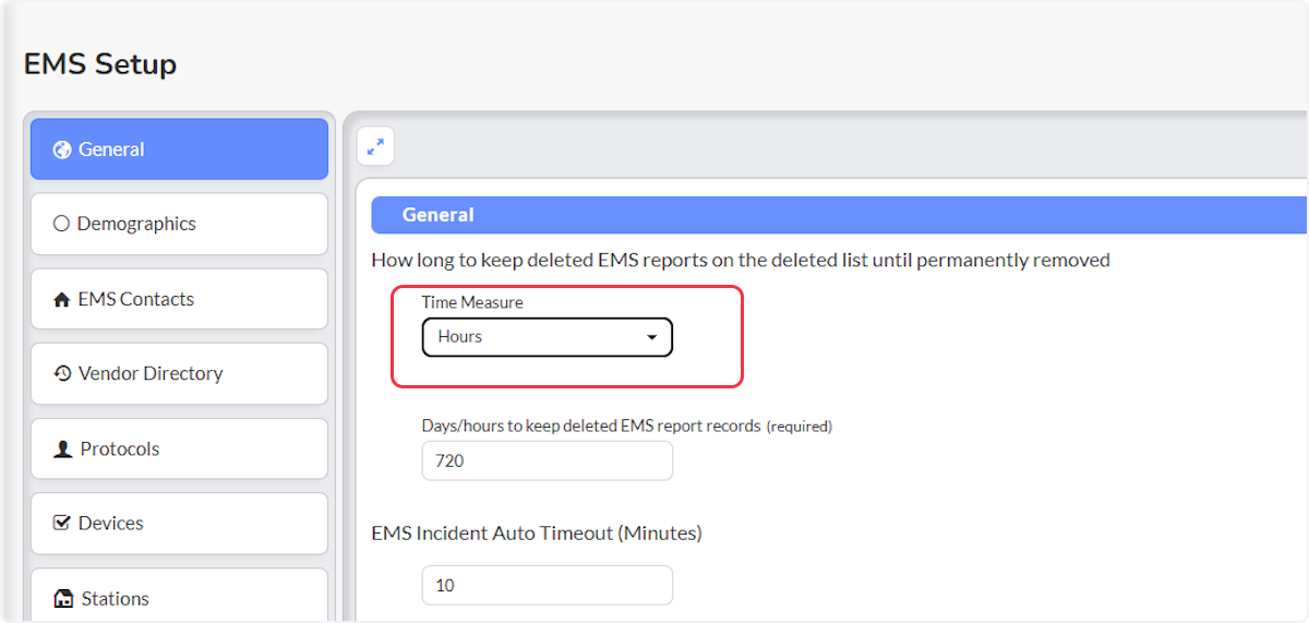 You are able to set how long to keep deleted EMS reports on the deleted list before they are permanently deleted. 