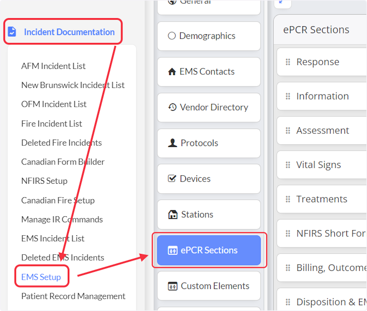 Navigate to the Incident Documentation module select EMS Setup then select ePCR Sections tab.