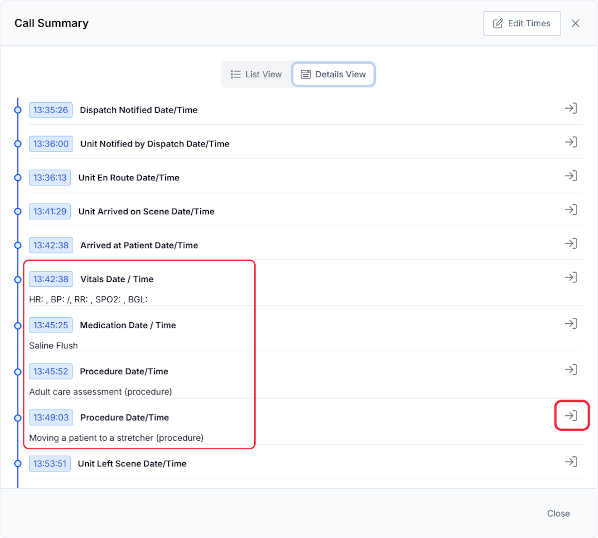 From the Details View you are able to see pertinent information within the field along with navigating to any field by selecting on the arrow icon to the right of the field.