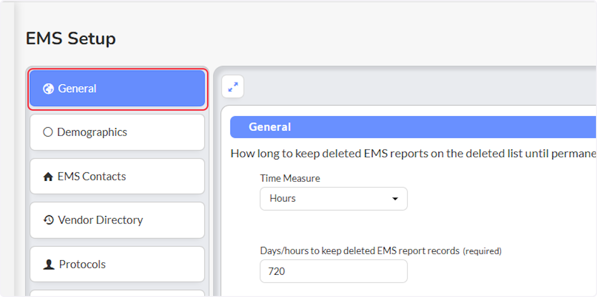 Select on the General section within the EMS Setup.