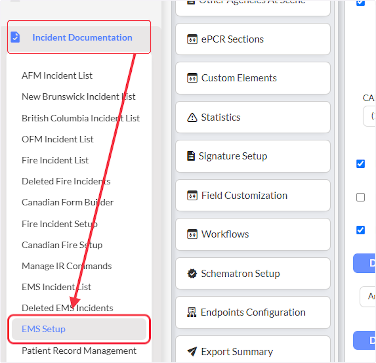Navigate to the Incident Documentation module and select on EMS Setup.