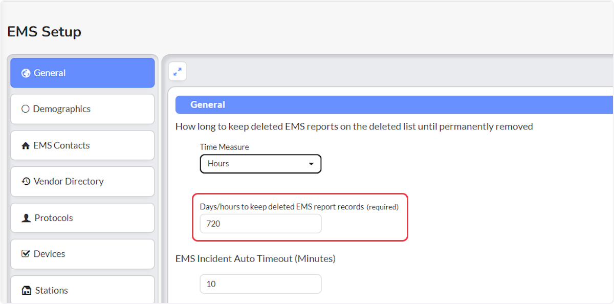 Once you select the Time Measure now set the number of Days or hours to keep deleted EMS reports in the deleted list.