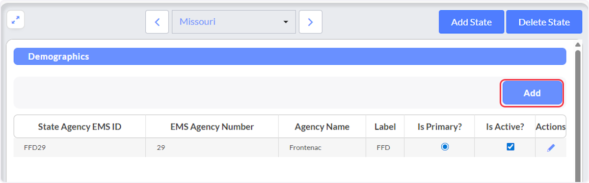 To enter Agency information select Add.