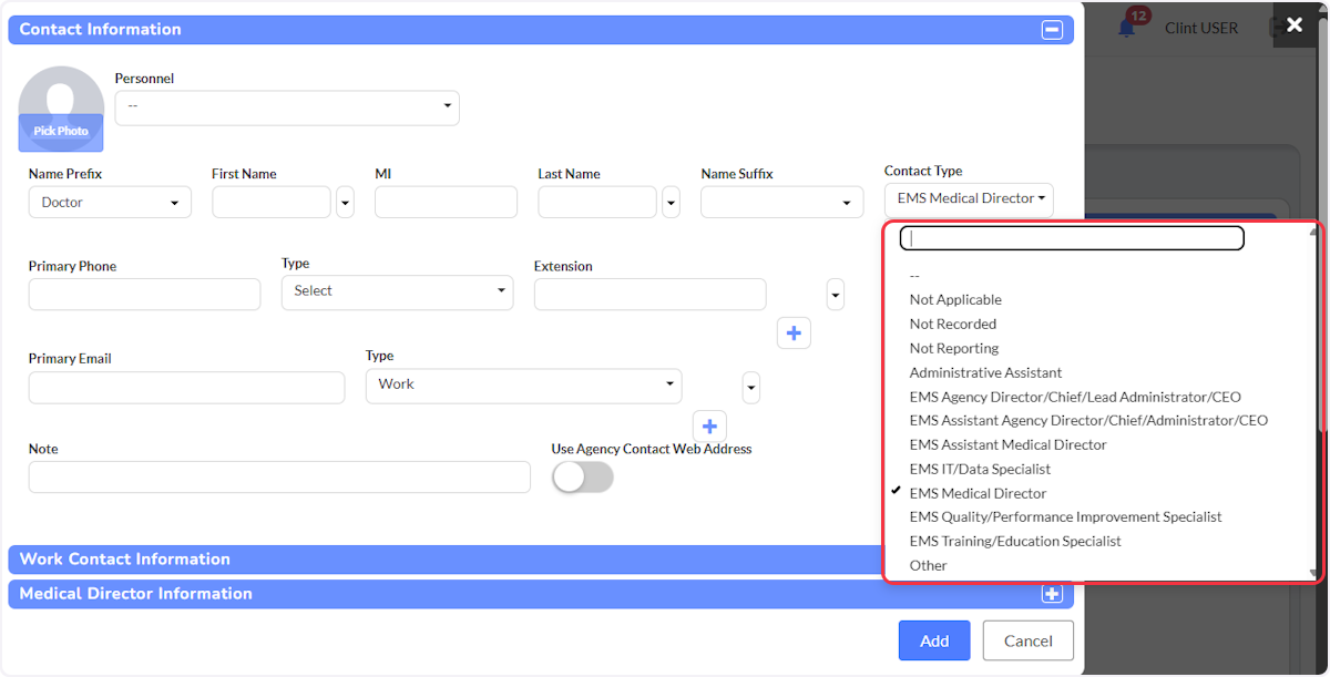 Set the Contact Type by using the dropdown and selecting the appropriate choice.