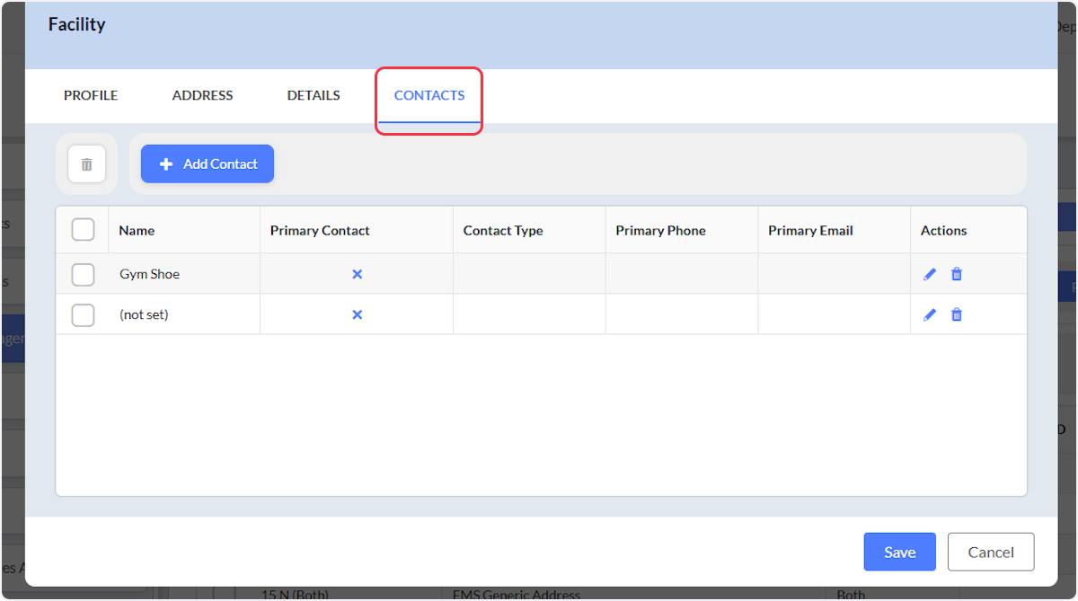 From the Contacts tab within the Facility modal.