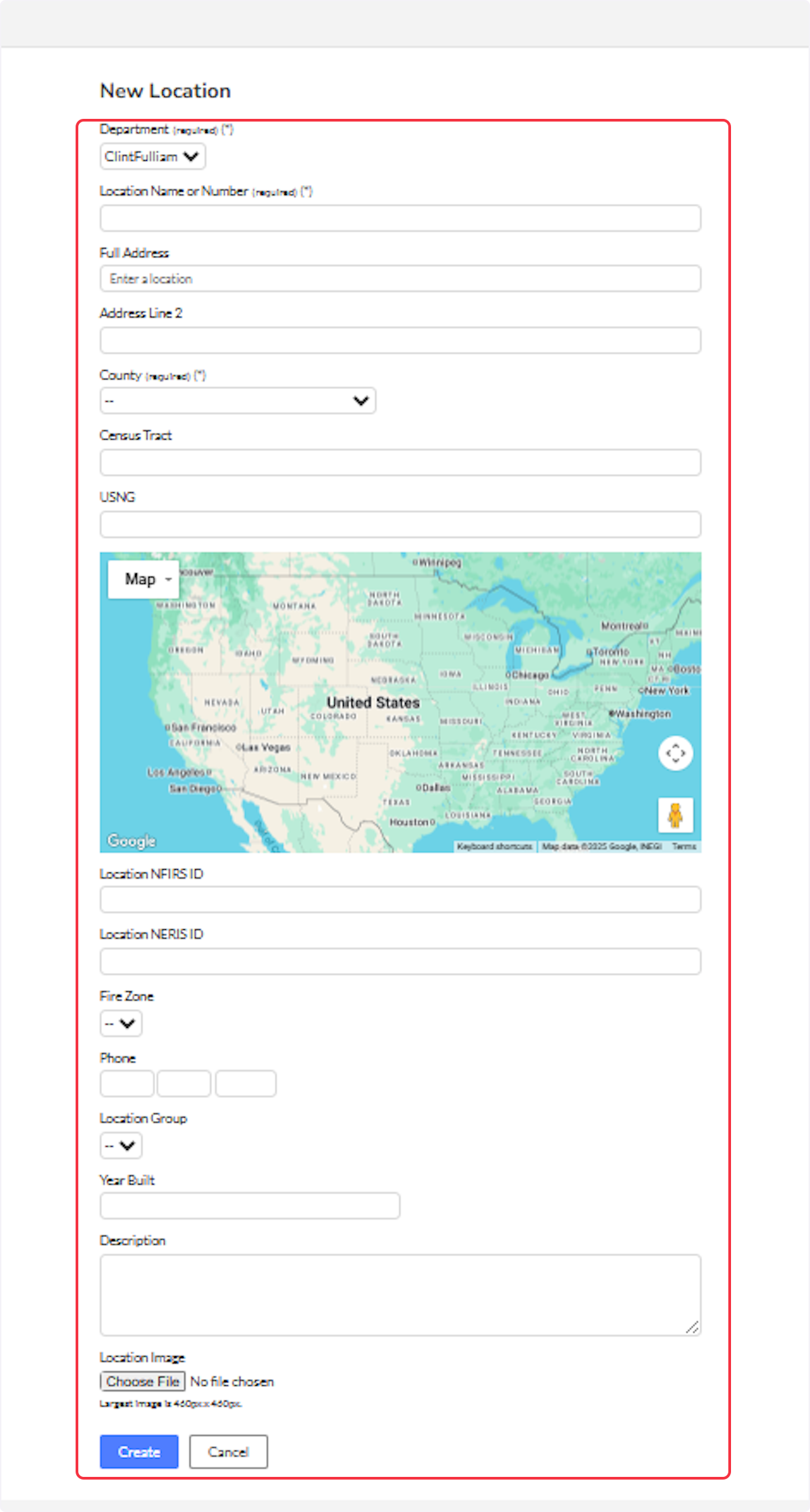 Continue entering Location details then select Create.