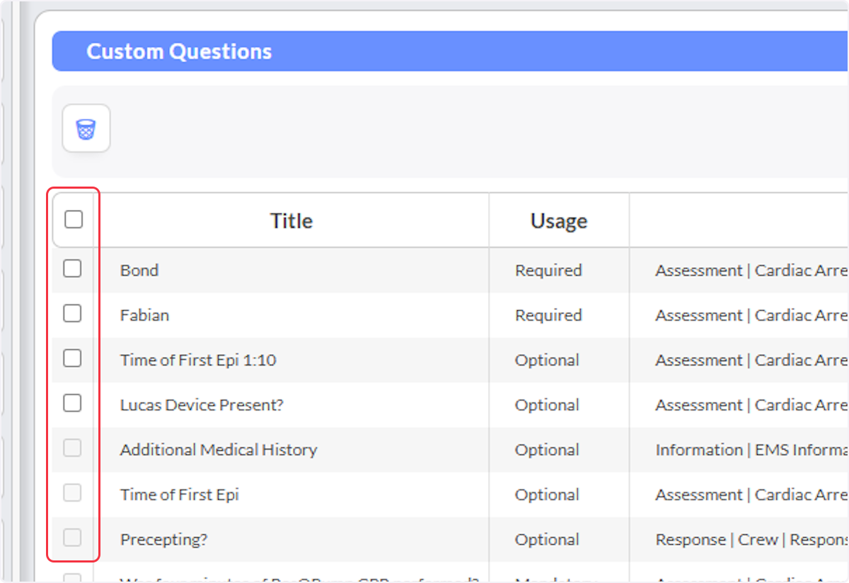 To bulk delete any Custom areas, use the check box to select or using the top will select all displayed, select on the waste basket to bulk delete.