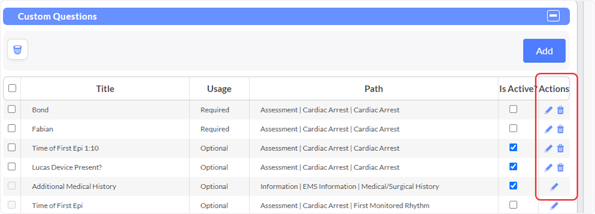From the Actions column you are able to edit any existing custom question, value or group.  