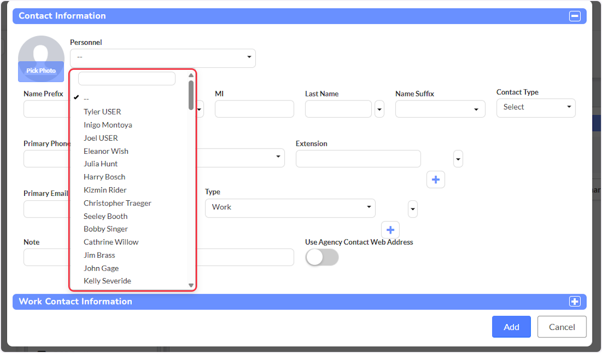 Using the Personnel dropdown will display your agencies personnel to choose from.