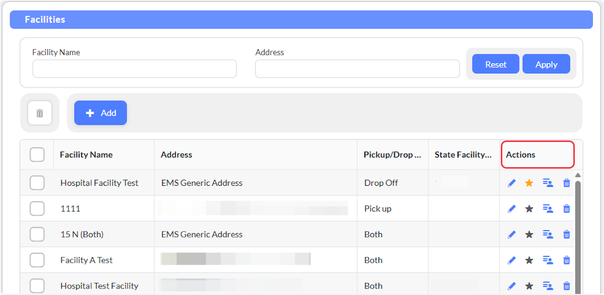 From the Actions column you are able to manage your existing Facilities.