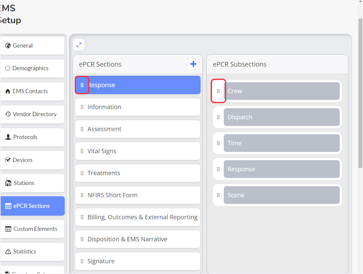 Reorder the ePCR Sections or Subsections by grabbing and dragging to the new order.