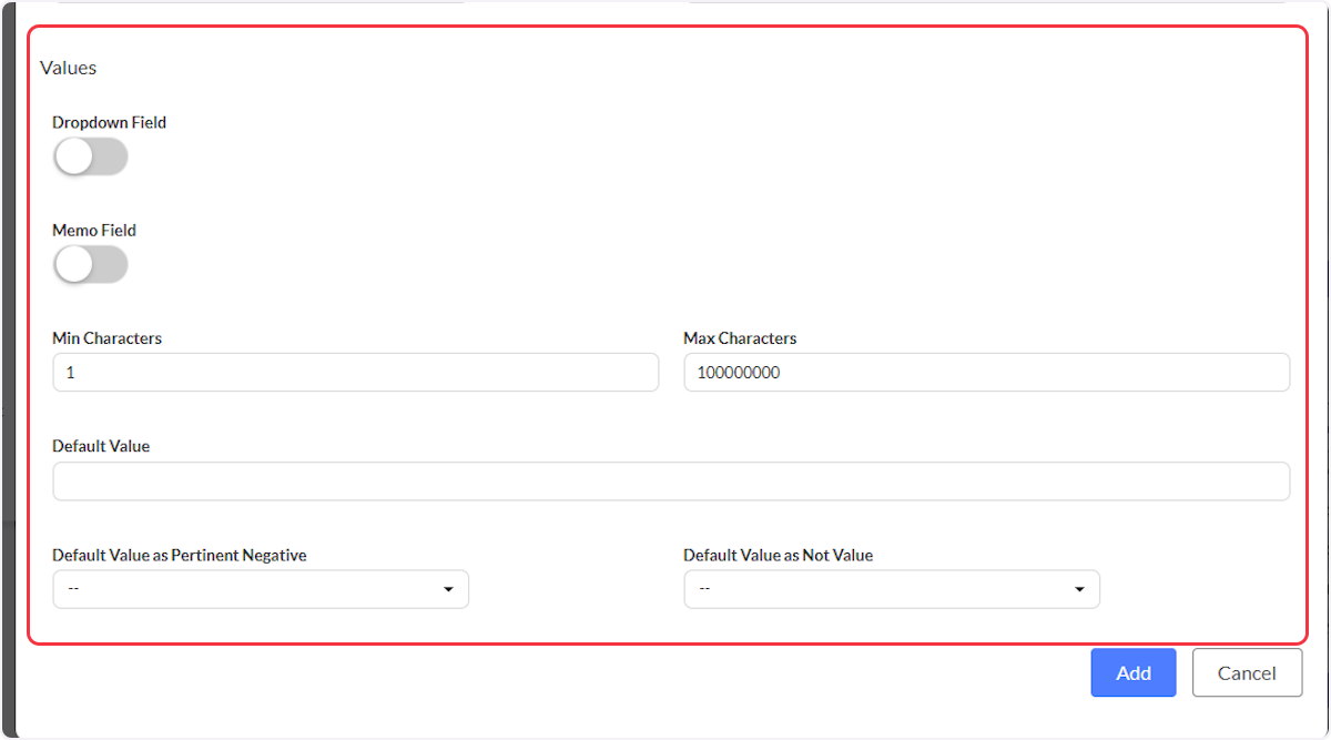 From the Values you can choose to create a dropdown field or have a memo field to answer the question question.