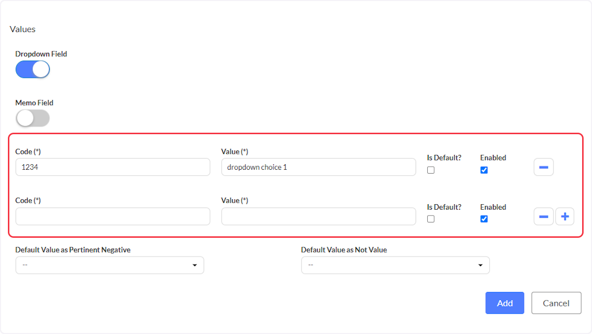 To create custom dropdowns a Code and Value is required, set a choice as the default along with enabling the choices to appear as an option.