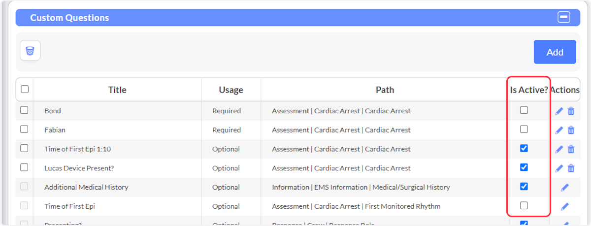 From the Is Active column you are able to select which custom question, value or group will be active in an ePCR.