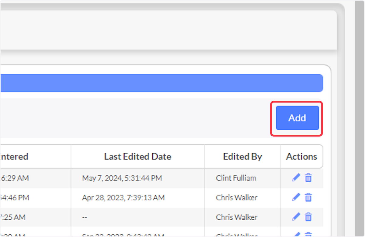 To create a new form to use in your ePCRs select on the Add button or you can edit any existing form by selecting on the pencil icon in the Actions column.