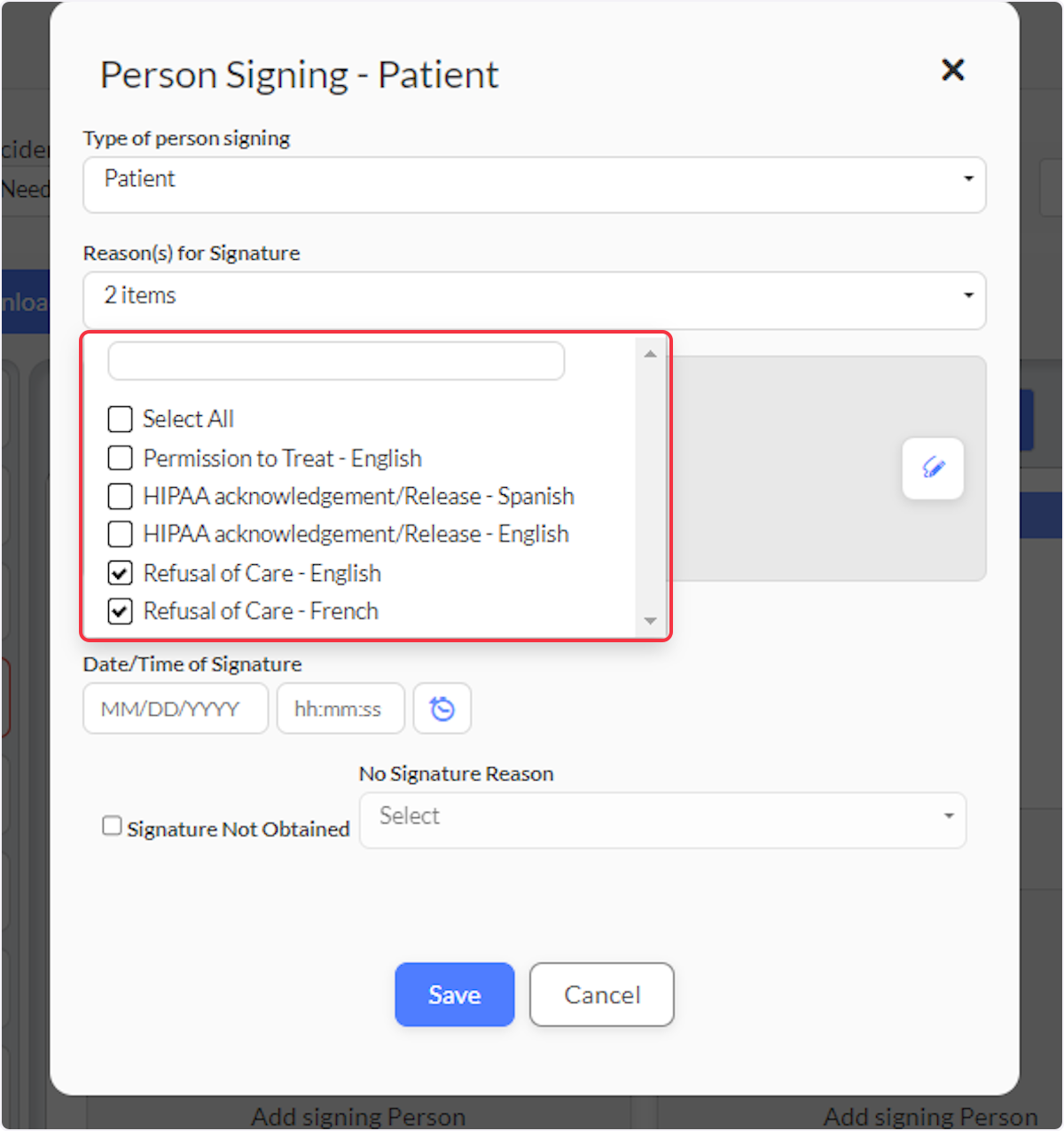 Now when obtaining signatures within an ePCR, from the Reasons for Signature dropdown you are able to select both languages to appear.