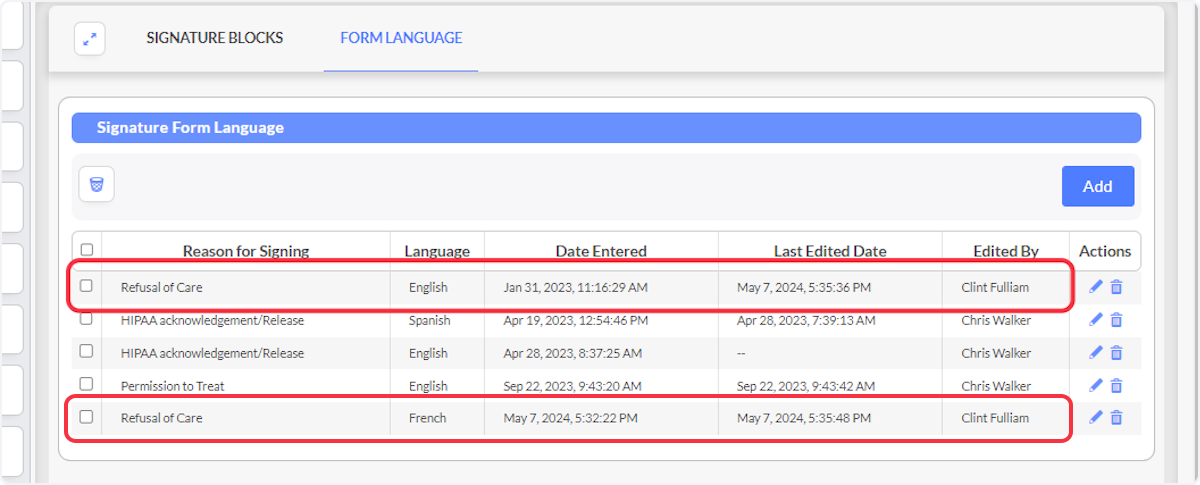 Users can create multiple Form Languages for the same form using different languages to appear in the Reasons for Signing within an ePCR.