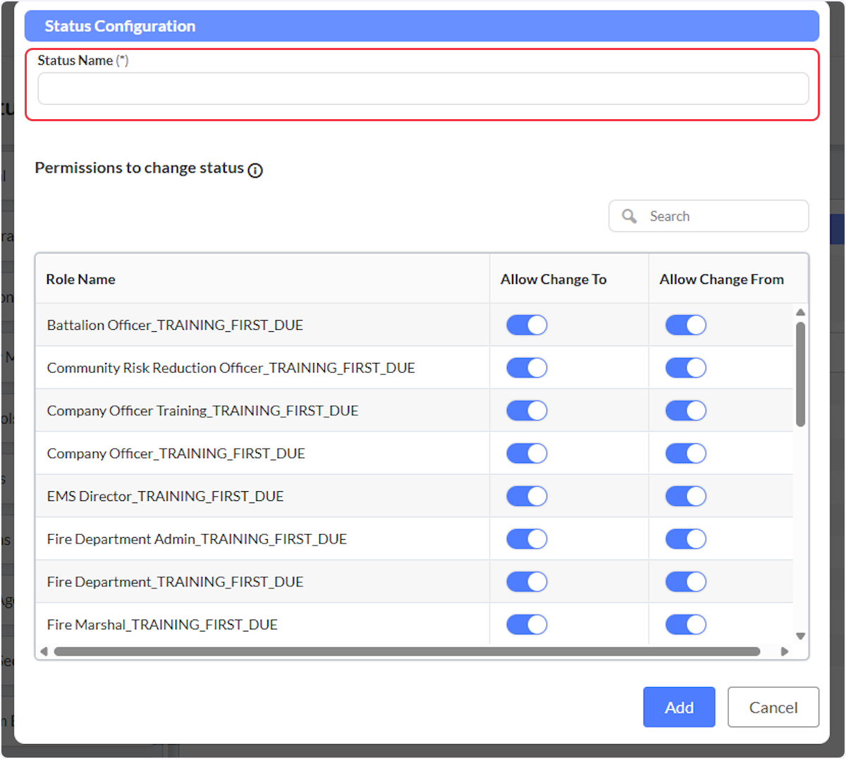 After selecting Add a new Status Configuration modal will display, it is required to give a Status Name.