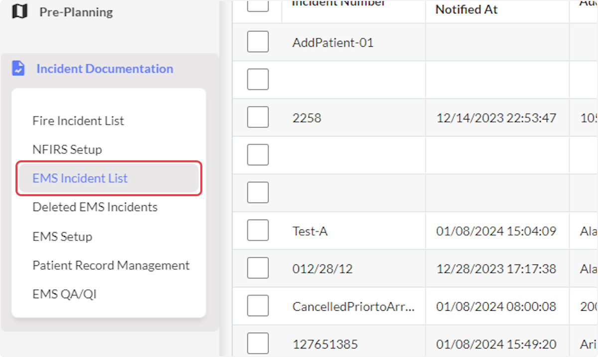 Navigate to the EMS Incident List