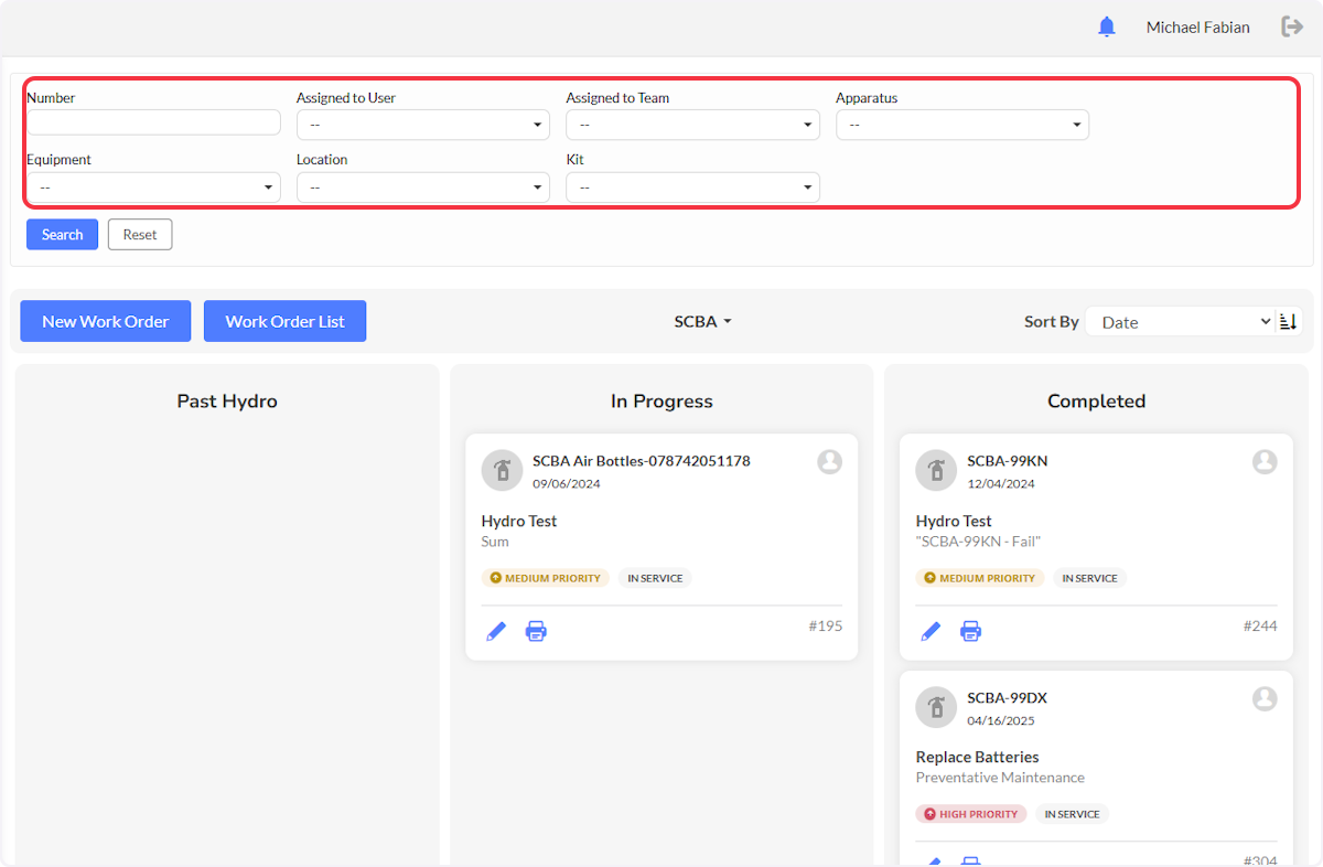 Work Order Boards can be filtered by utilizing the search filters.