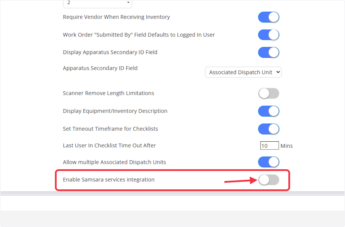 Select the toggle to Enable Samsara services integration