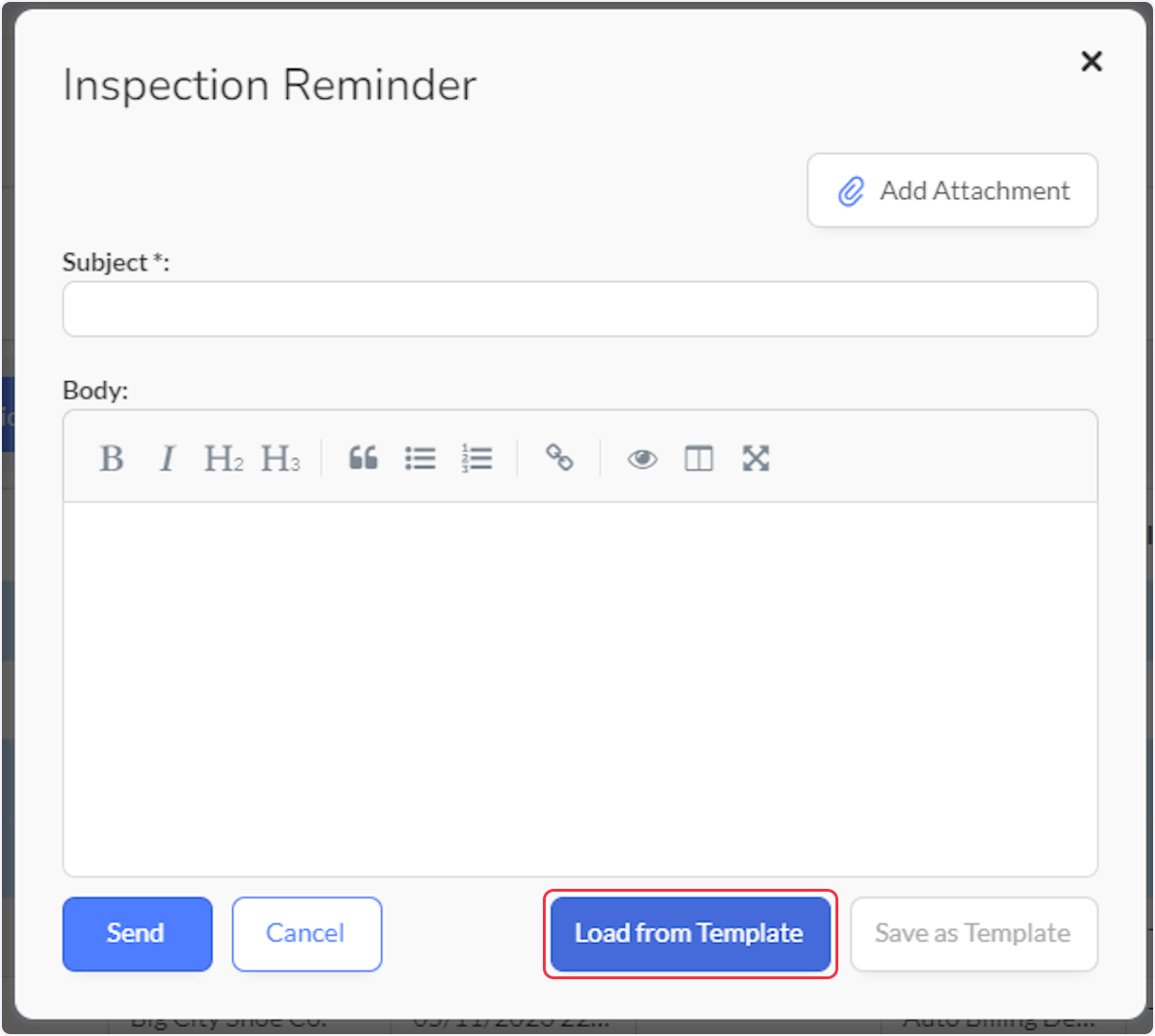 To send the Inspection Reminder email from a template, click on Load from Template.