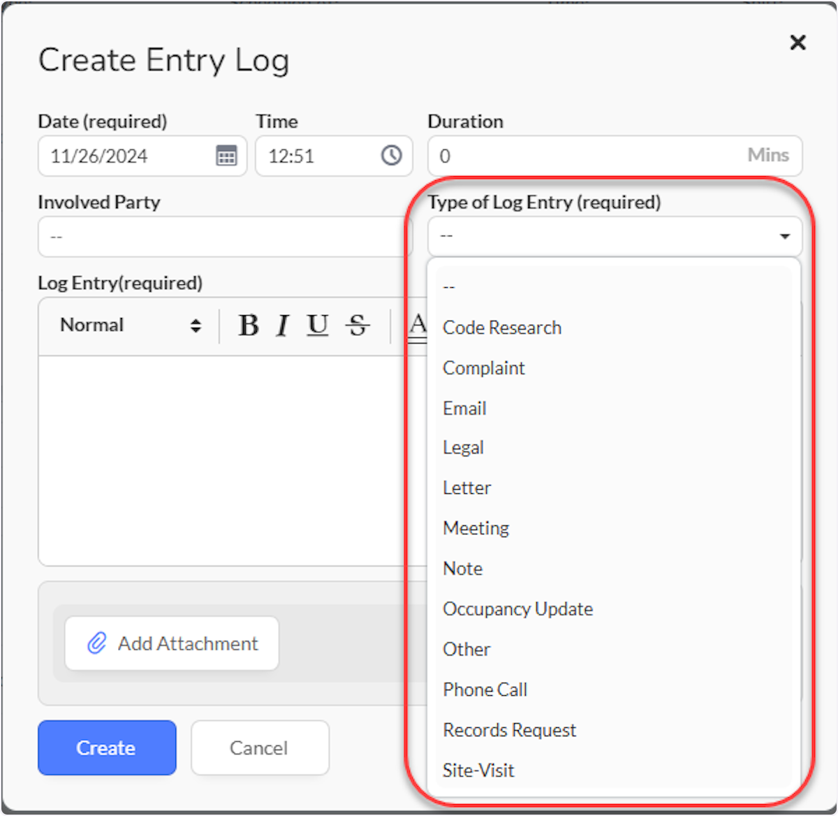 Select Type of Log Entry.