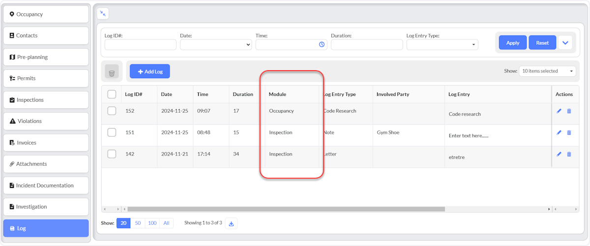 Log Entries made will display in the Module column with the originating Module displayed (Occupancy or Inspection)