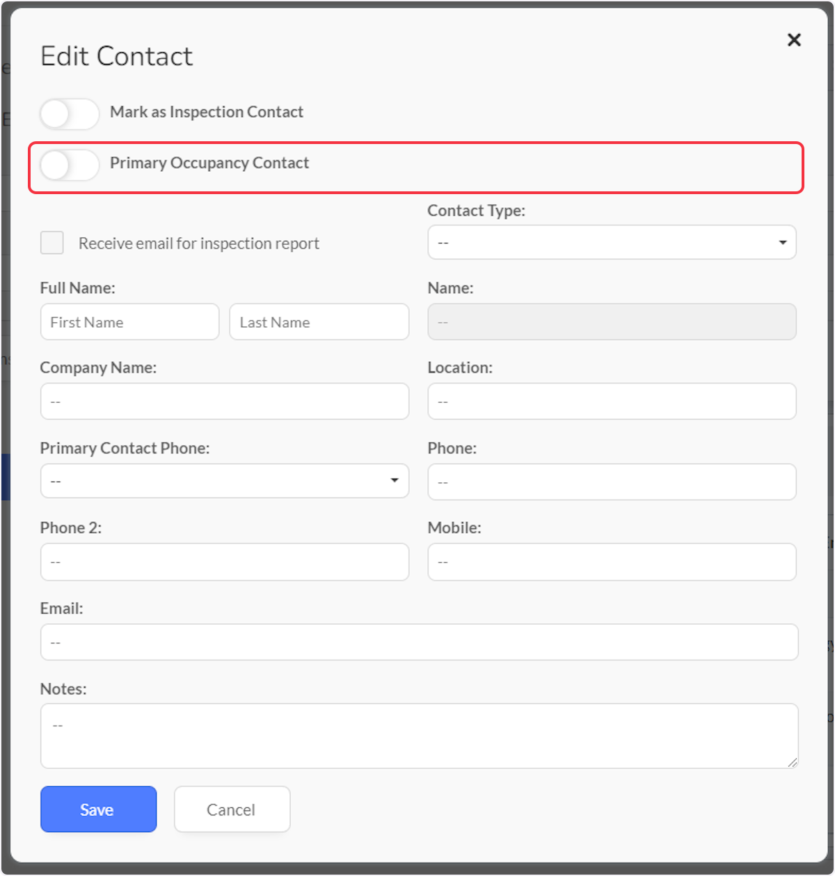 Use slider to mark the contact as Primary Occupancy Contact.  Only one Primary Occupancy Contact can be marked per Occupancy.
