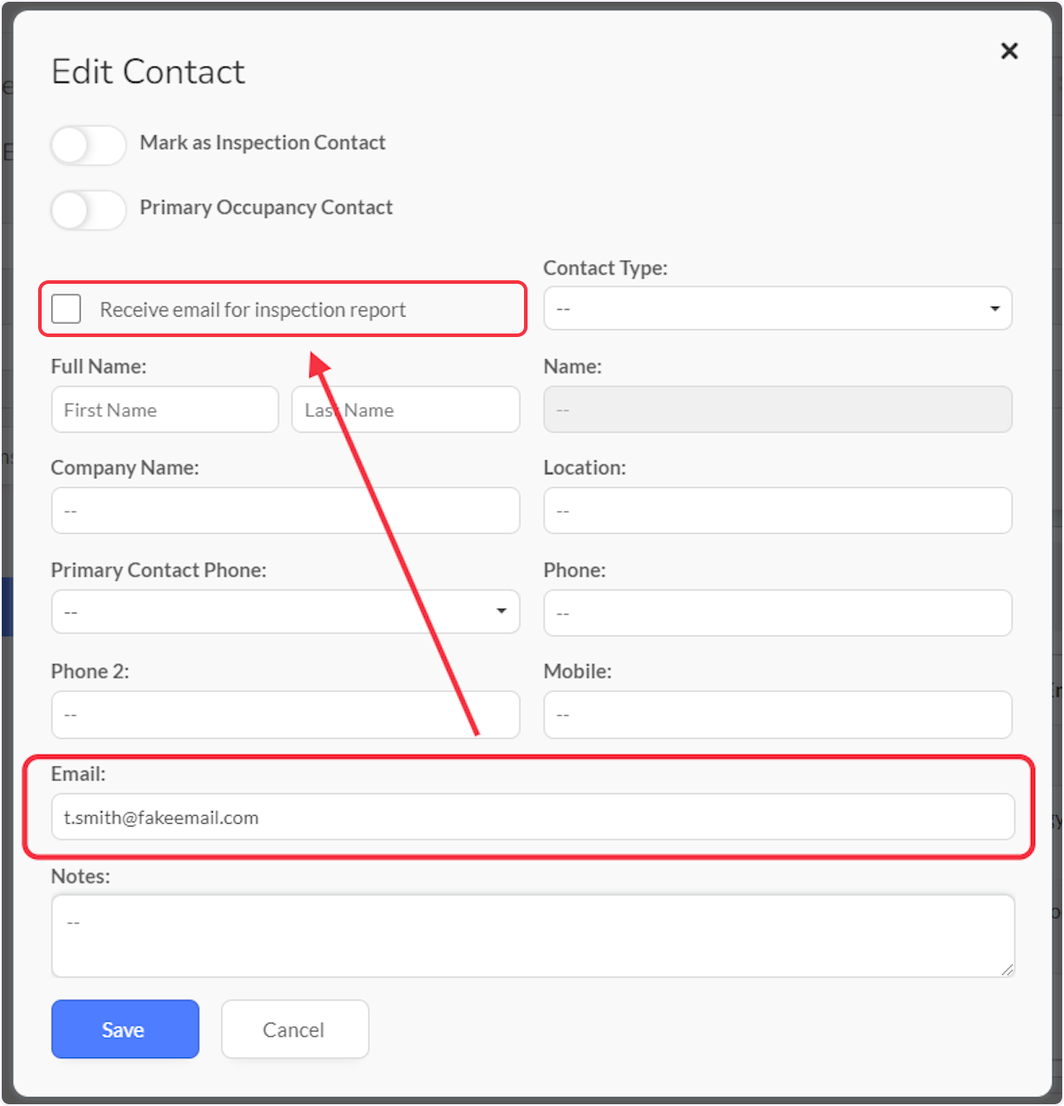 Click on Receive email for inspection report. Any contacts that need to be sent the Inspection Report via email can be selected.  An email address has to be entered to activate the check box.