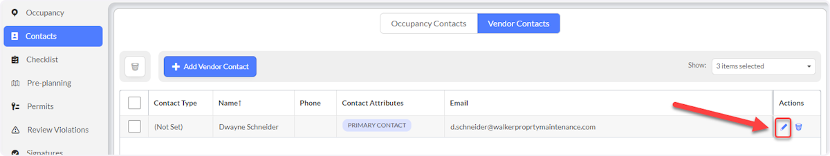 Select Edit to update or add attributes for the Vendor Contact.  This is a necessary step to include a signature block in the Signatures section of the Inspection Record.