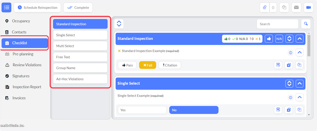 Select Checklists and Checklist sections with Inspection Questions will display.