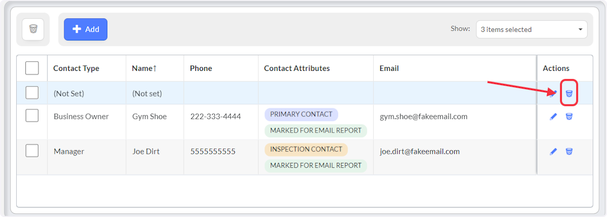 Select to delete a contact.