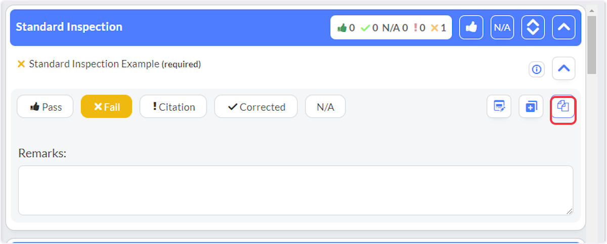 Click on Duplicate to duplicate the Inspection Question.  Valuable for noting different locations for the same violation.