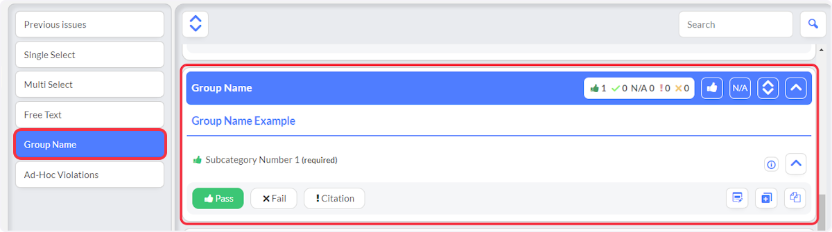 Click on the next section.  This is an example of a Group Name added with subcategories in the checklist.