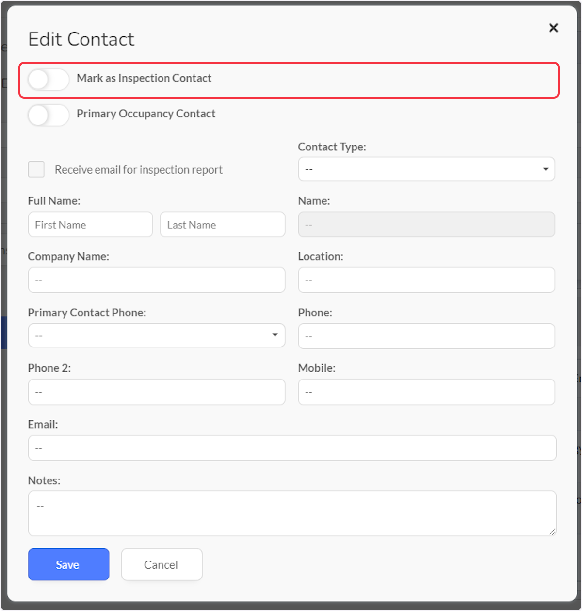 Use slider to mark the contact as Inspection Contact.  Required to have an Inspection Contact.  Only one Inspection Contact can be marked per Occupancy.