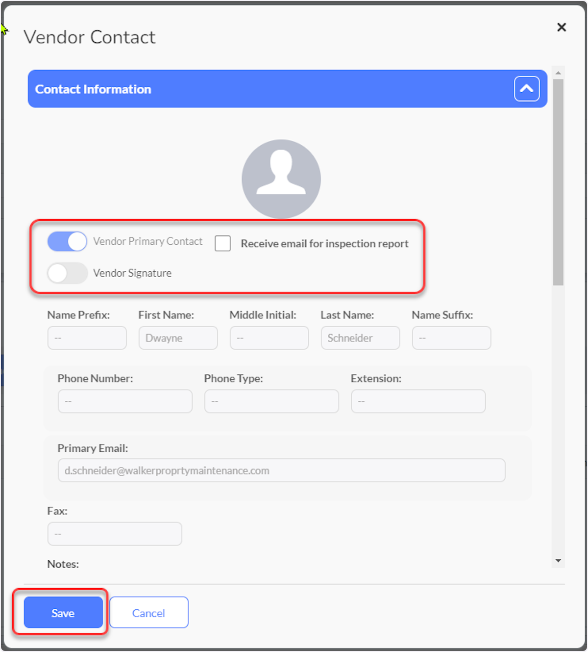 Update Vendor Contact Attributes and then Save.