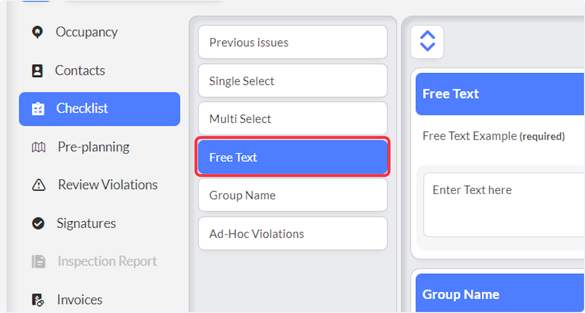 Click on the next section.  This is an example of a Free Text type Inspection Question.