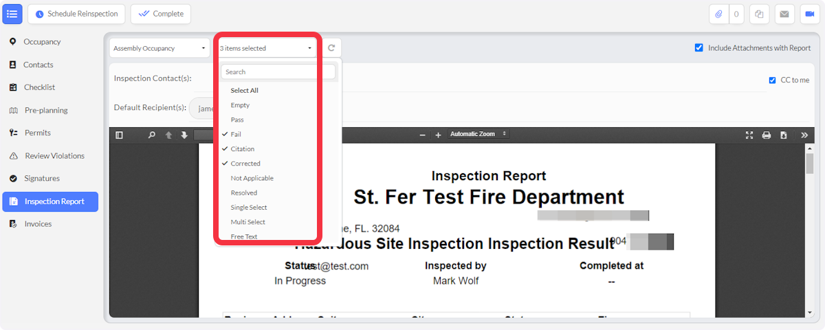 Select what results you want to print send on the report.