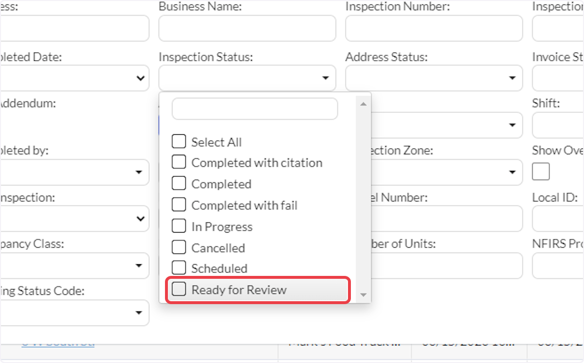 Approvers can filter the Inspection list by the Ready for Review Inspection Status