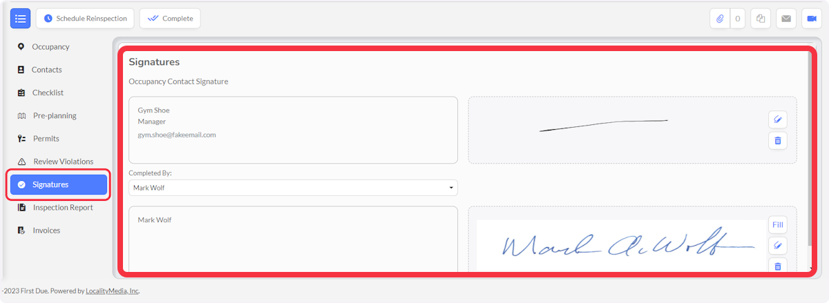 Click on Signatures and enter signatures per Inspection Type requirements.