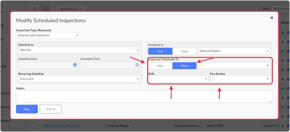 Choose the Inspector Scheduled To option that you want to use.