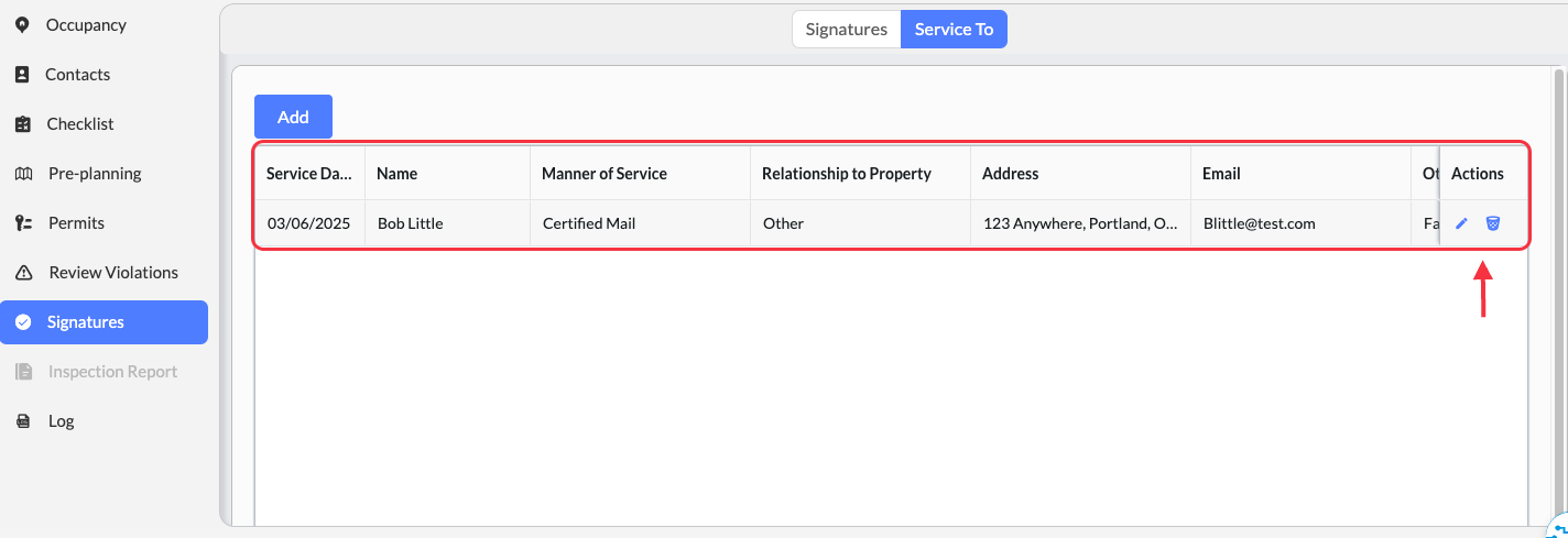 The Service To will be able to be edited or deleted by using the icons in the Actions column.