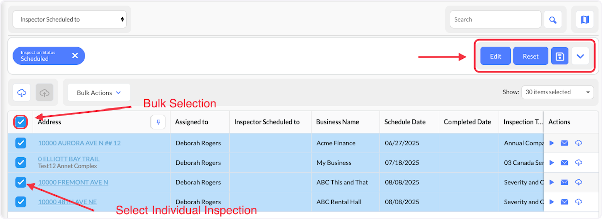 Select the inspections to Schedule To.