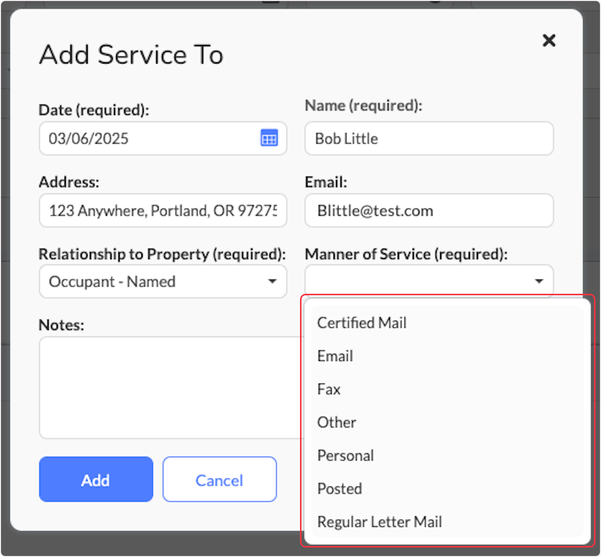 Choose from the dropdown for the Manner of Service (Required). Options are Certified Mail, Email, Fax, Other, Personal, Posted, or Regular Letter Mail.